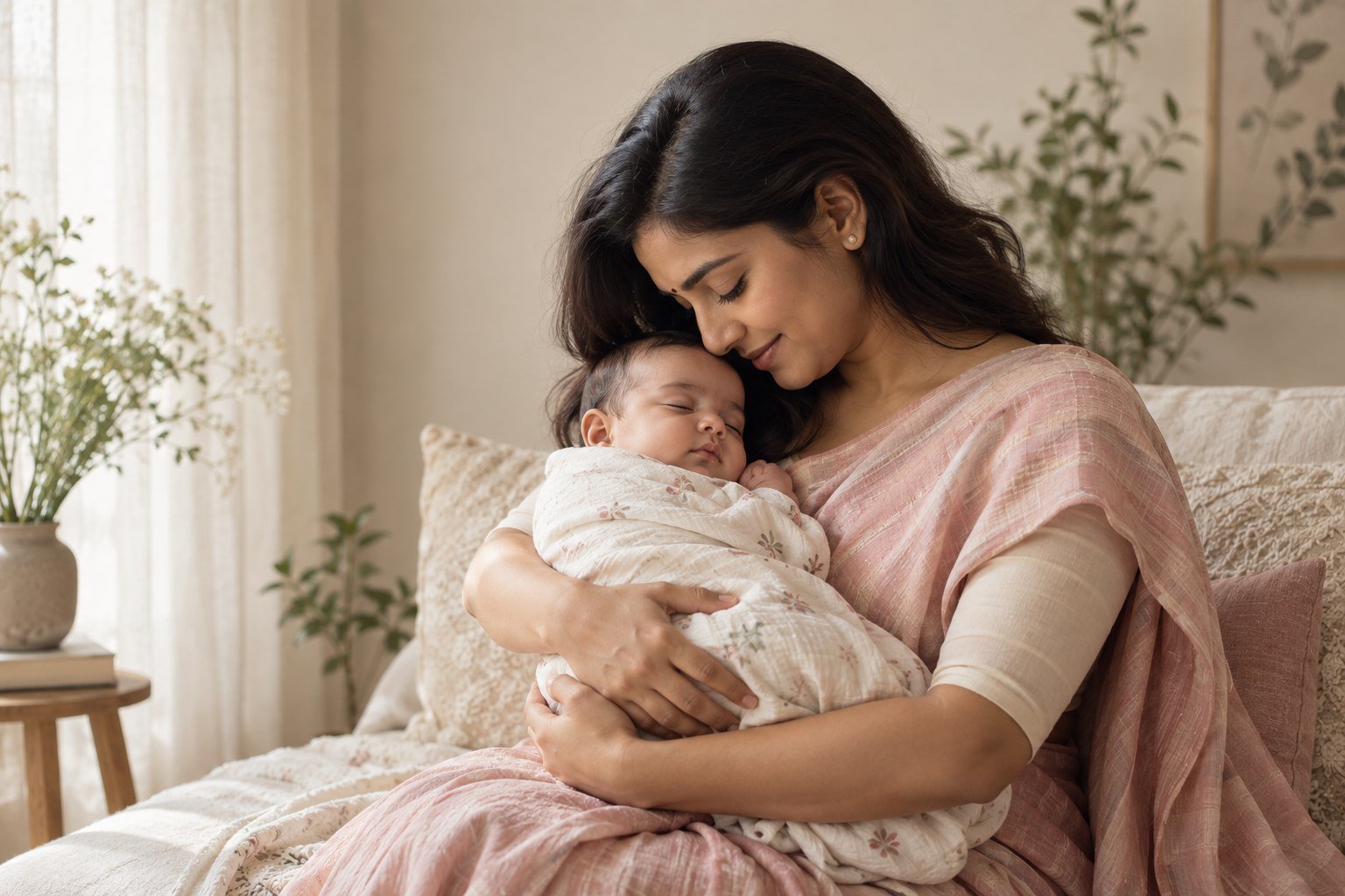 Illustrative photograph of a mother gently holding her sleeping baby