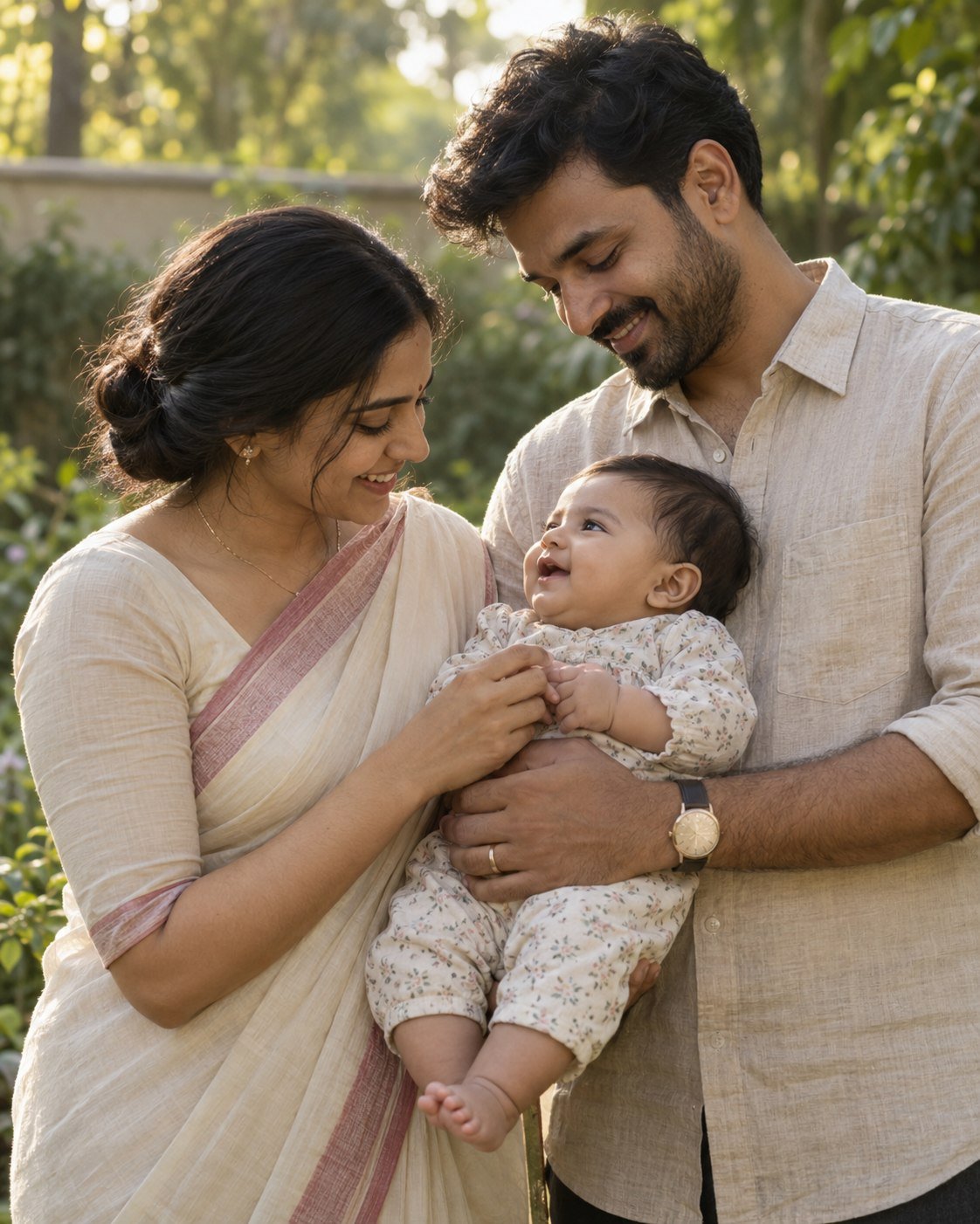 Illustrative photograph of two parents holding their baby together in a garden